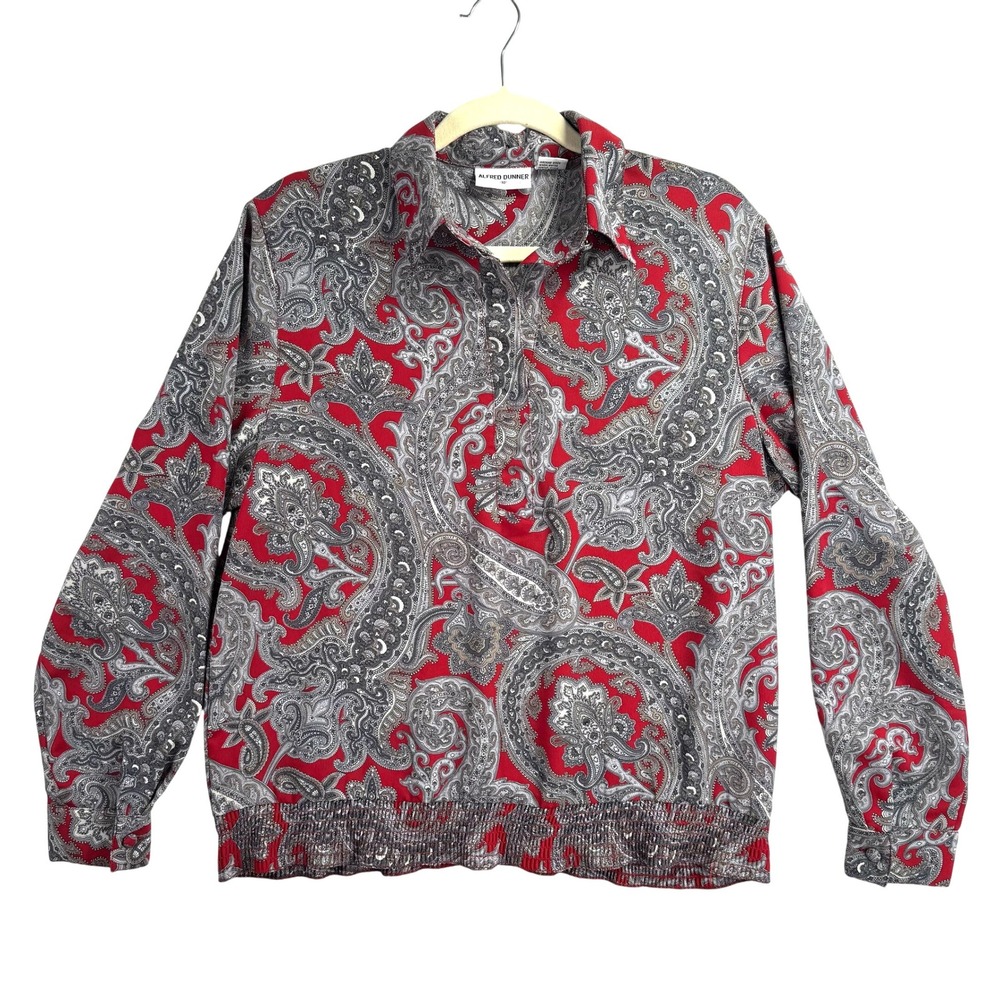 Alfred Dunner Womens Red Paisley Long Sleeve Smocked Hem Blouse Size 10‎ Vintage